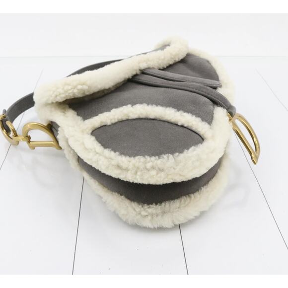 Christian Dior Shearling Saddle Bag Gray Shoulder Purse Suede/Gold CD Rare Auth - Picture 7 of 16